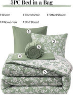 Full Comforter Set -7 Pieces Floral Grey Green Comforter Set for All Seasons, Bed in a Bag Full with Botanical Flowers Comforter, Sheets, Pillowcases & Shams