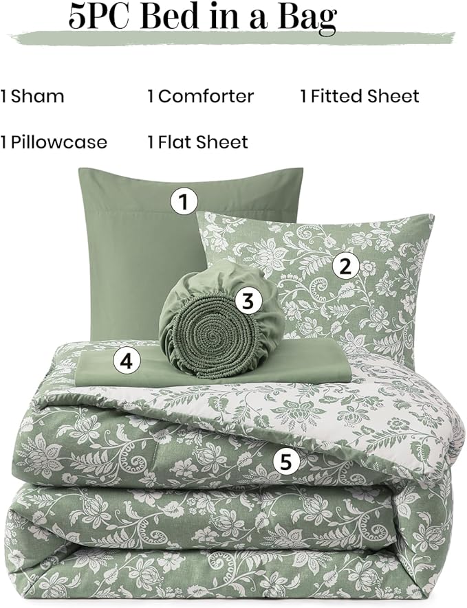 Full Comforter Set -7 Pieces Floral Grey Green Comforter Set for All Seasons, Bed in a Bag Full with Botanical Flowers Comforter, Sheets, Pillowcases & Shams
