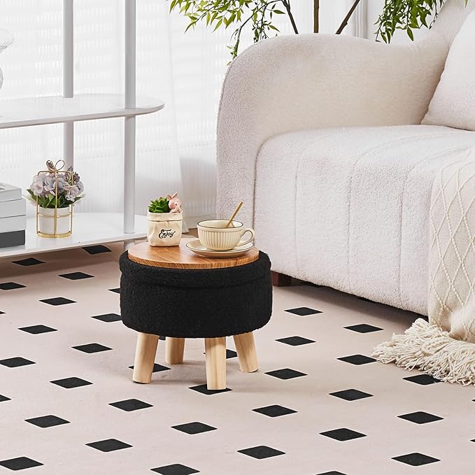 Wimarsbon Storage Ottoman, Modern Round Footrest with Soft Padded Seat, Teddy Velvet Footstool with Wood Legs, Accent Small Table or Plant Stand for Hallway, Living Room (Black)