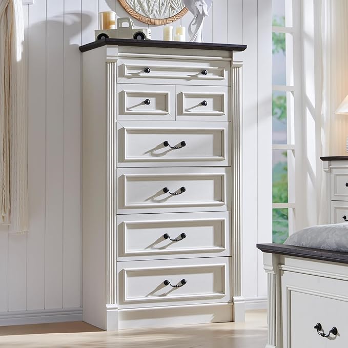 Farmhouse 7 Drawers Dresser for Bedroom, 57" Tall Dressers & Chests of Drawers w/Roman Column, Large Storage Dressers Organizer for Bedroom, Hallway, Living Room, White