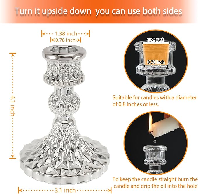 Glass Candlestick Holder,Striped Taper Candle Holders,Set of 6 Candle Stand for Table Centerpieces, Home Decor,Weddings,Festival and Parties (Silver Diamond)