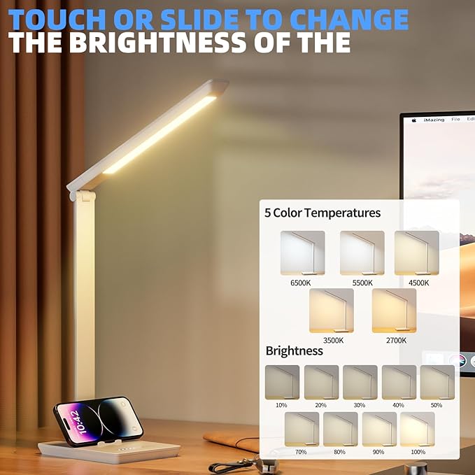 Desk Lamp with USB Charging Port, 14W 900LM Dimmable Eye-Caring Reading LED Desk Light for 9 Brightness Slide Touch & 5 Color Temperature Modes, Home Office Desktop Lamp, Small Study Lamp, White