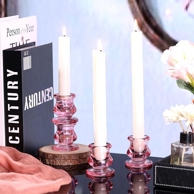 12pcs Pink Candlestick Holders, Pink Glass Candle Holders for Pillar Candles, Taper Candle and Tealight Candles, Taper Candle Holders for Wedding, Table Centerpiece