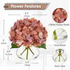Hollyone Fall Hydrangea Artificial Flowers for Decoration with Glass Vase Dark Peach Autumn Silk Fake Flower Arrangements with Faux Water Table Centerpiece Vase with Flowers Fall Decorations for Home