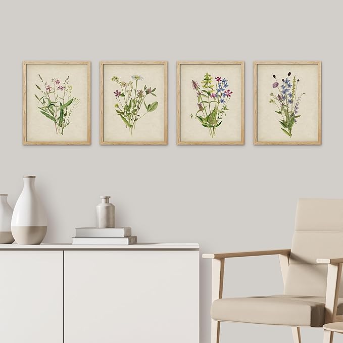 SIGNWIN Framed Watercolor Floral Botanical Wall Art, Set of 4 Vintage Wall Decor Prints, Minimalist Wall Décor for Living Room, Bedroom - 8"x10" Natural