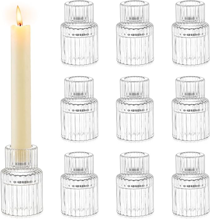 Romadedi Glass Candle Holder for Candlestick - 10Pcs Clear Small Tapered Candle Holder Wedding Decor Table Centerpiece Bulk for Candle Sticks Christmas Party Living Room Dinner Advent