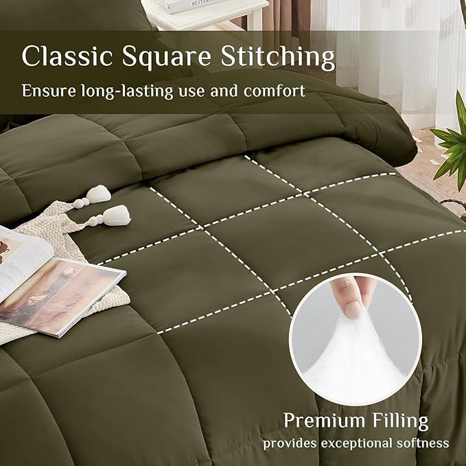 JOLLYVOGUE Full Comforter Set, Ultra-Soft Bed in a Bag Full Size 7 Pieces, Oeko-TEX Certified Bedding Set with Down Alternative Comforter, Sheets, Pillowcases & Shams, Olive Green