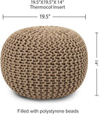 REDEARTH Round Pouf Ottoman - Hand Knitted Cable Boho Poof Home Décor Pouffe Circular Footrest for Living Room - Bedroom - Lounge - 100% Cotton (19.5"x19.5"x14") - Beige