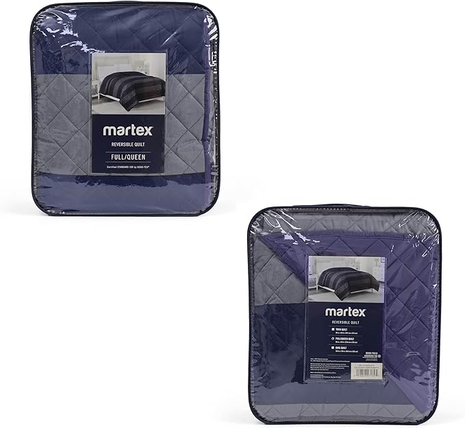 Martex Reversible Coverlet – Full Queen Size Quilt - Lightweight Quilt Full Size– Durable Queen Size Quilts for Bed – Soft - Easy Care Bedding – Rugby Stripe/Navy