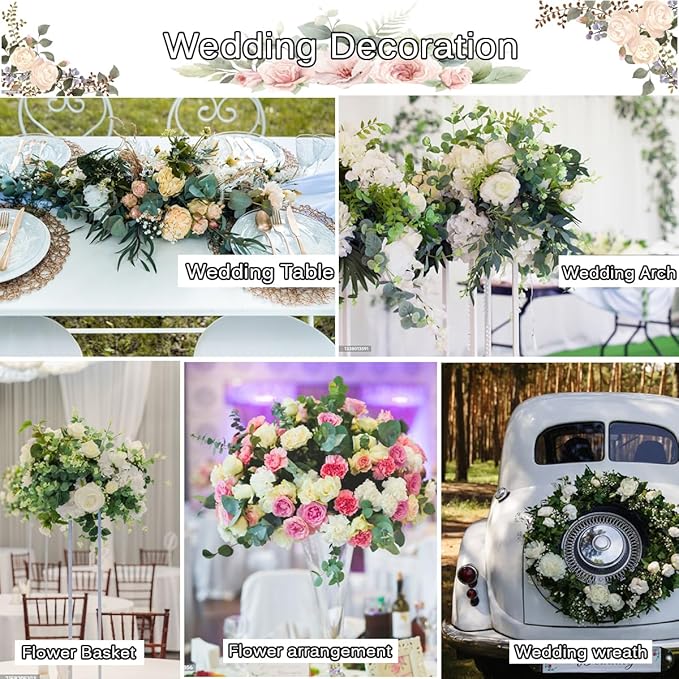 120 Pcs 6 Kinds Mixed Eucalyptus Leaves Stems Bulk Artificial Silver Dollar Eucalyptus Leaves Picks Dried Eucalyptus Bundle Faux Spray for Wedding Vase Bouquet Floral Arrangement Decor