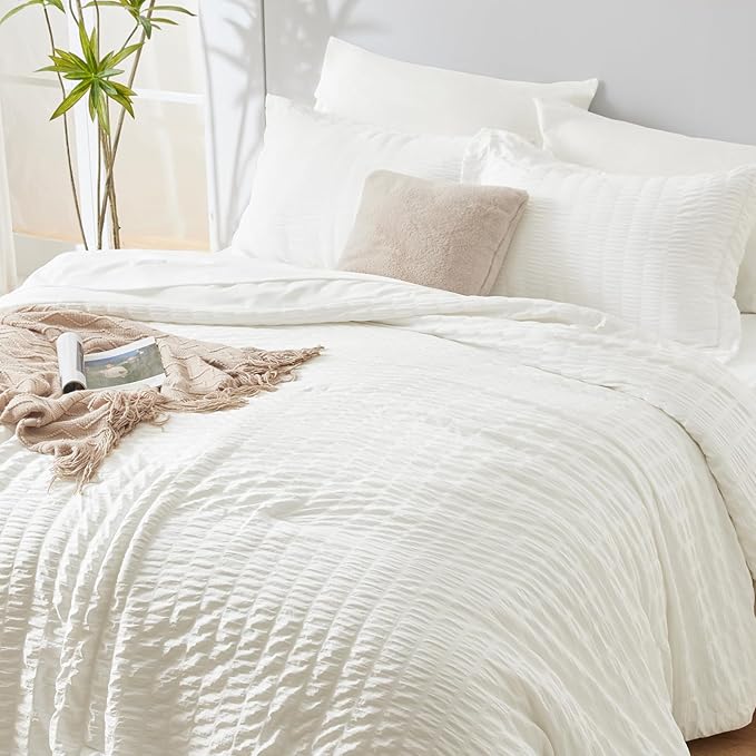 CozyLux Full Size Comforter Sets with Sheets Seersucker 7 Pieces Ivory Bed in a Bag Textured Luxury Soft Bedding Set with Down Alternative Comforter, Sheets, Pillowcases & Shams for All Seasons