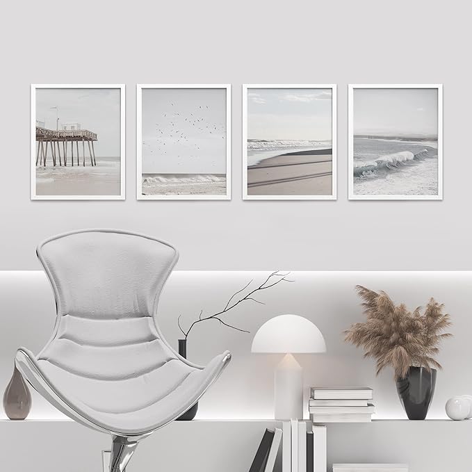 SIGNWIN Framed White Minimalist California Ocean Beach Seashore Pier Wall Art, Set of 4 Landscape Colorful Wall Decor Prints, Nature Wilderness Wall Décor for Living Room, Bedroom - 12"x16" White