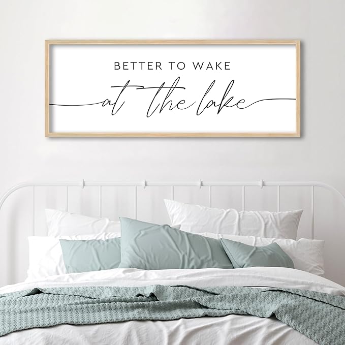 SRSZHIYUE Better To Wake At The Lake Wall Decor Above Bed Sign 32"×12" for Lake House Bedroom Over Bed Large Wood Framed Wall Hanging Art (Wood)