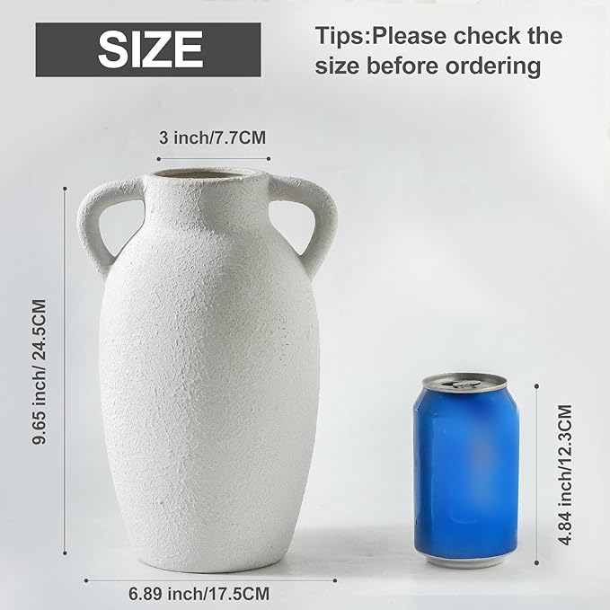 Ceramic Farmhouse Vase with 2 Handles, Boho Decorative Flower Vase for Home Decor, Living Room, Entryway, Table, Shelf Decor, 9.6 Inch