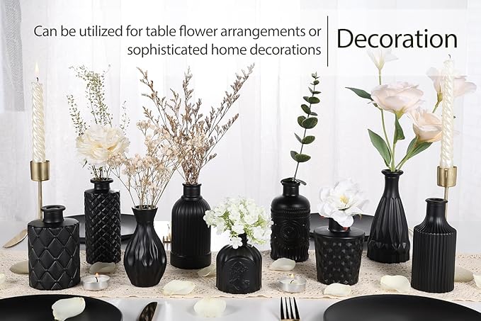 12pcs Glass Bud Vases Set, Small Vases for Flowers, Black Bud Vase for Centerpieces in Bulk, Mini Vintage Vase for Rustic Wedding Decorations, Office and Home Table Flower Décor-Green