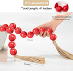 OMISHE Extra Large Wood Bead Garland Red with 1.6" Diameter Wooden Beads and Tassels, 41" Long Rustic Farmhouse Country Decorative Beads for Home Tiered Tray Decor, Red