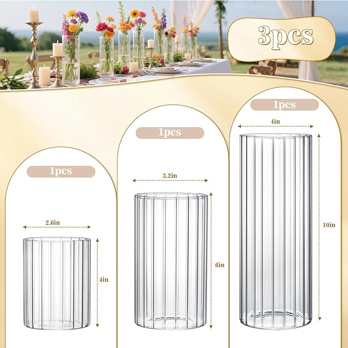 3 Pack Ribbed Glass Cylinder Vases 4,6,10 Inch Tall Clear Flower Vase Hurricane Floating Candle Holder for Table Centerpiece Wedding Home Decor