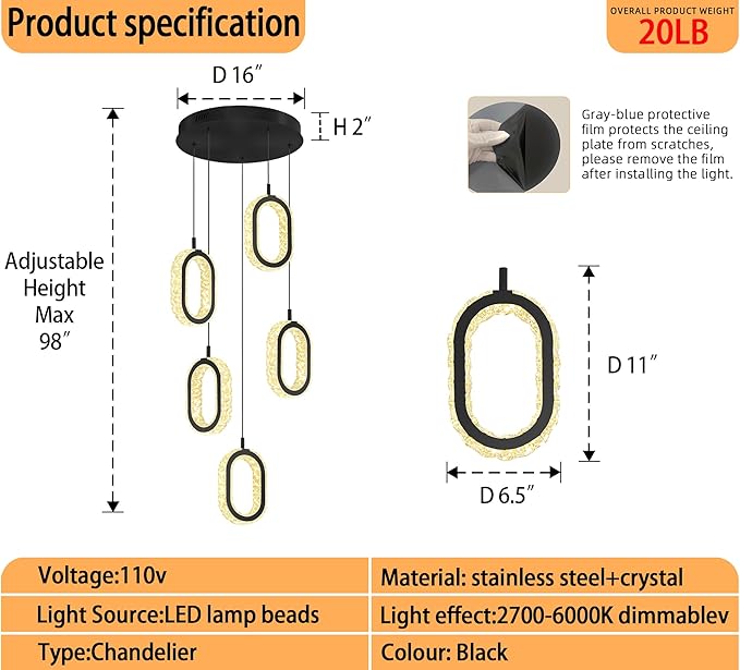 Black 5-Light Chandelier Pendant Light for Kitchen Island, Dimmable Oval Crystal Ring Chandelier for Dining Room, Hallway, Entryway, Passway, Bedroom, Balcony Living Room