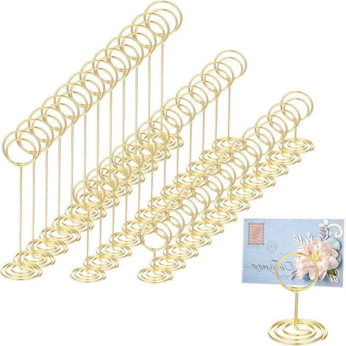 36 Pack Table Number Holder, 3 Sizes Wire Photo Holder Picture Name Menu Clips Memo Note Cards Stand for Wedding Reception Anniversary Birthday Centerpieces Office Memo Photo (Gold)