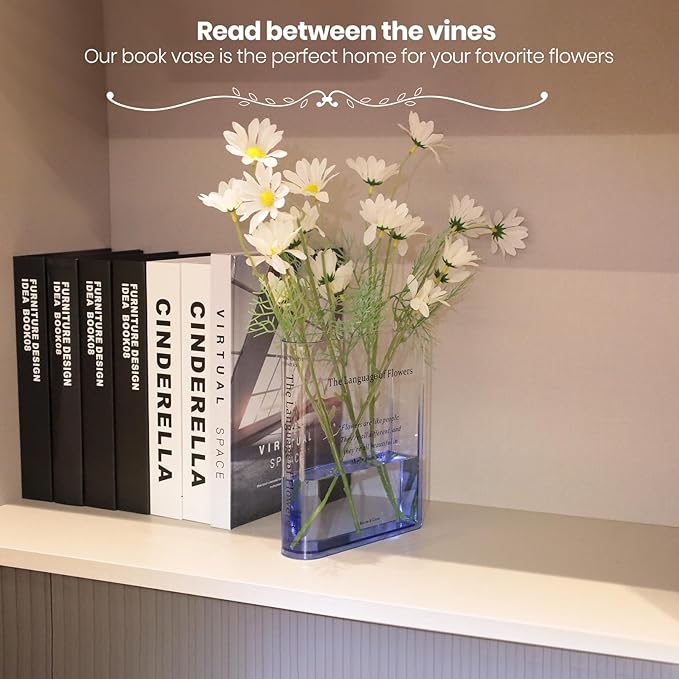 Book Vase for Flowers Home Décor,Artistic and Cultural Flavor Decorative Acrylic Clear Vase for Home and Office,Creative Gifts for Book Lovers. (Blue)