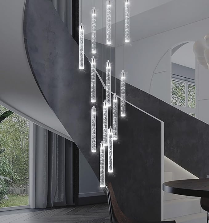 12-Lights Chandelier LED Dimmable Chandeliers for Entryway Flush Mount Ceiling Pendant Light Fixture Crystal Chandeliers for Living Room Chrome Finished Lighting Modern High Ceiling Chandelier