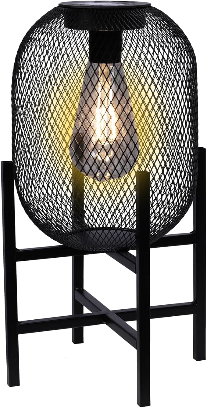 Solar Mesh Lantern Outdoor – 13.8" Tall Black Metal Patio Light with Edison Glass Bulb, Solar Powered Warm Glow LED, Waterproof IP65 for Garden, Porch, Deck, Tabletop Decor
