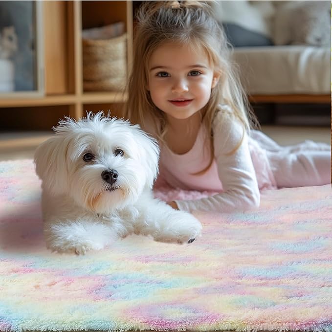 Rainbow Rug for Girls Bedroom: Fluffy Plush Rugs for Kids Room - Carpet for Bedroom Decor(5x7 Feet/Rainbow)