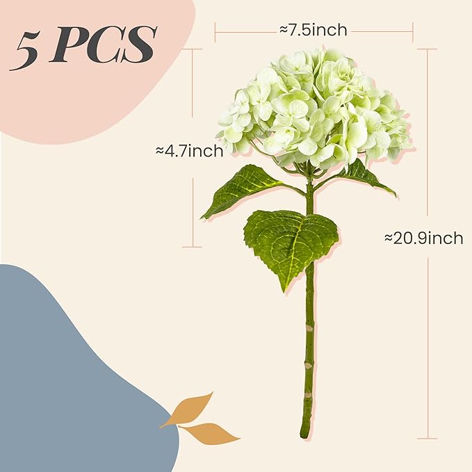 21In Light Green Artificial Hydrangea Flowers 5 Pcs Real Touch 3D Print Latex Flowers for Wedding Centerpieces Bouquets DIY Floral Decor Home Decoration with Stems