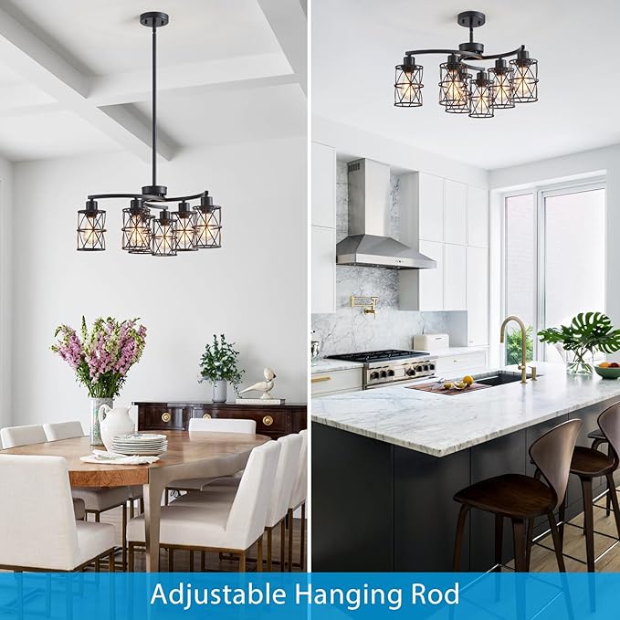 XINGQI Modern Black Chandelier 6-Light Pendant Lighting Fixture with Metal Shade 24" Height Adjustable for Dining Room Living Room Bedroom