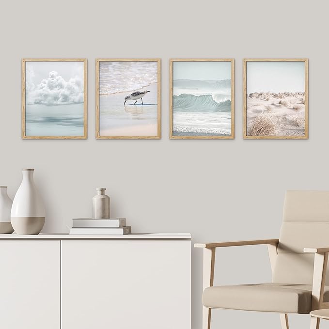 SIGNWIN Framed White Nautical Ocean Sea Beach Grass Seagull Wall Art, Set of 4 Landscape Colorful Wall Decor Prints, Nature Wilderness Wall Décor for Living Room, Bedroom - 8"x10" Natural