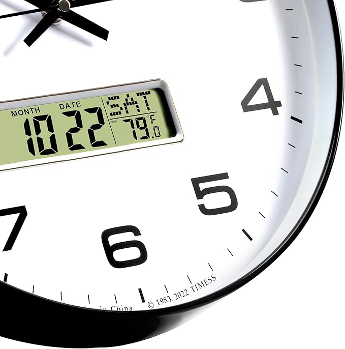 Wall Clock, 14" Large Dial Non-Ticking Silent Battery Operated Analog with LCD Display for Perpetual Calendar and F° Temperature, Ideal Modern Home, Bedroom, Office Decor (Black)