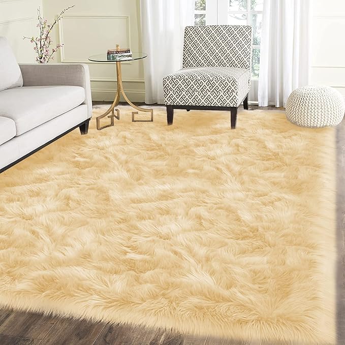 Latepis 8x10 Yellow Area Rug for Living Room Faux Sheepskin Fur Rugs for Bedroom Bedside Plush Fuzzy Soft Furry Rug Luxury Home Decor