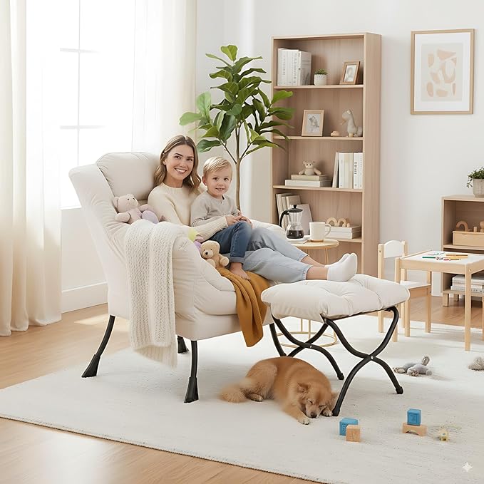 Lazy Chair and Ottoman, Large Accent Lounge Chair with Armrests and a Side Pocket, Modern Leisure Upholstered Sofa Reading Armchair with Footrest for Bedroom, Living Room, Dorm Rooms, Office