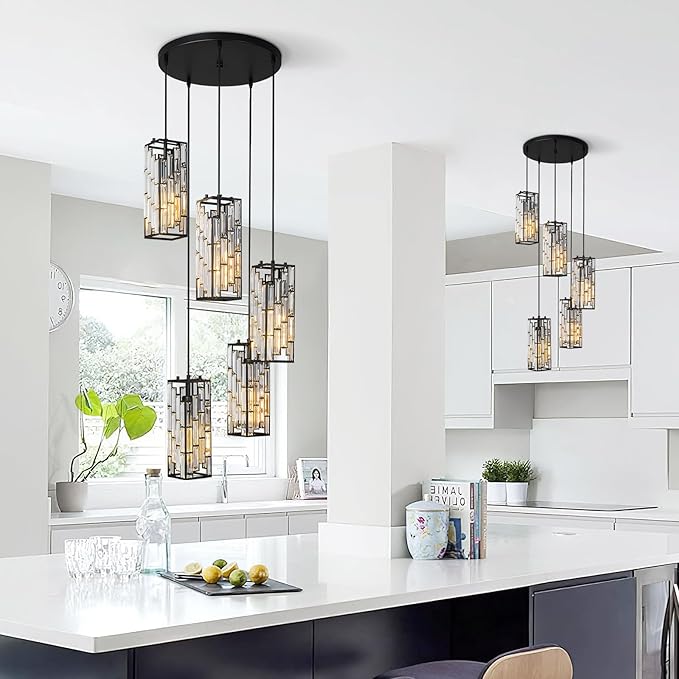 Black Pendant Lighting Modern Pendant Light, Mini Crystal Chandeliers,Adjustable Pendant Light Fixture for Kitchen Island Dinning Room Bedroom (5 Light)