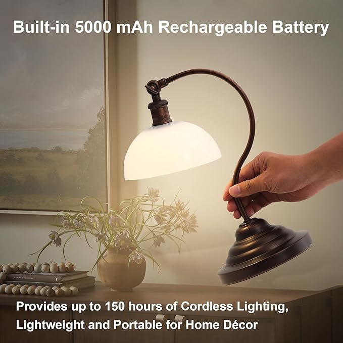 Cordless LED Table Lamp, 180° Swing Arm Desk Lamp, Rechargeable, Dimmable/3 Color/Memory Function, Vintage Rechargeable Table Light for Living Room,Bedroom,Bedside, Oil Rubbed Bronze