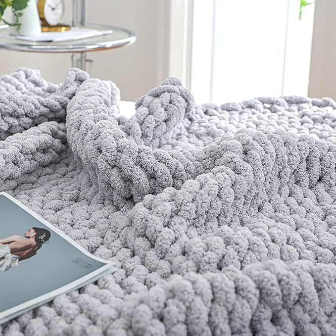 Bigacogo Chunky Knit Throw Blanket for Couch, 60x80 inches, 100% Hand Knitted with Thick Jumbo Chenille Yarn, Cozy Soft Large Rope Knot Cable Crochet Blankets for Sofa Bed Living Room, Light Grey