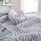 Bigacogo Chunky Knit Throw Blanket for Couch, 40x80 inches, 100% Hand Knitted with Thick Jumbo Chenille Yarn, Cozy Soft Large Rope Knot Cable Crochet Blankets for Sofa Bed Living Room, Light Grey