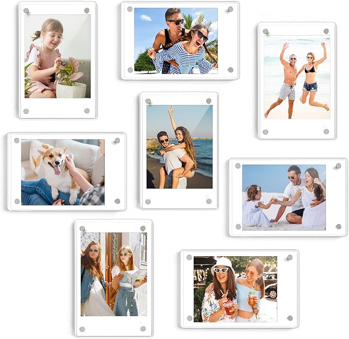 DomeStar Magnetic Acrylic Picture Frame 2.4 x 3.5 Inch, 8 Pack Double-Sided Holder for Refrigerator, Locker, or Metal Cabinet, Fits Instant Photo, Mini Film, Retro Camera, Notes & Pictures