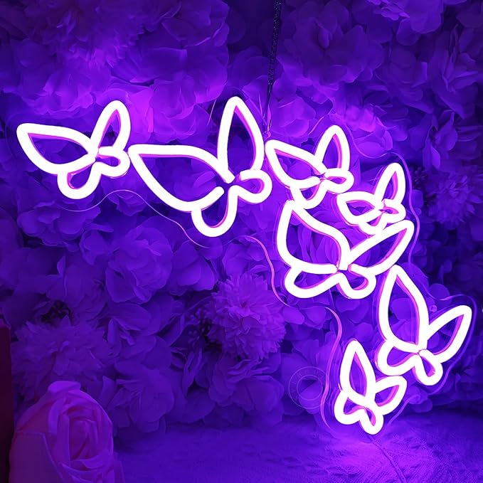 SYLHOME Butterfly Led Neon Light Sign Girls Bedroom Kids Room Beauty Studio Living Room Wedding Birthday Christmas Party Light Up Sign 16.5" X 8.9" USB