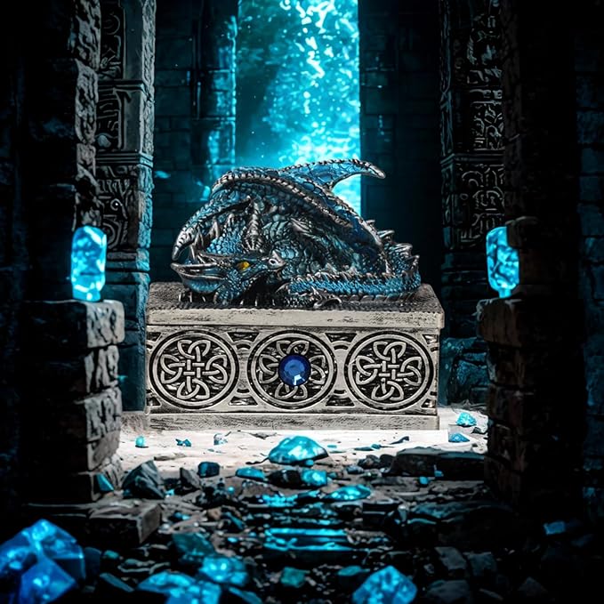 Dragon Statue Jewelry Box, Medieval Fantasy Myth Dragon With Cover Treasure Box, Dragon Statue Decoration Collection Gift Box. (Blue)