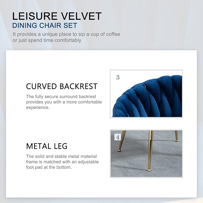 Nrizc Woven Dining Chairs Set of 2, Velvet Upholstered Dining Chairs with Gold Metal Legs, Modern Accent Chairs for Living Room, Dining Room, Kitchen (Blue)