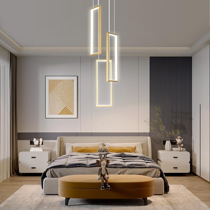 Modern Kitchen Pendant Light Fixture Gold 40W LED Pendant Light 3 Rings Rectangle Chandelier Pendant Lighting for Kitchen Island Living Room Dining Room Bedroom