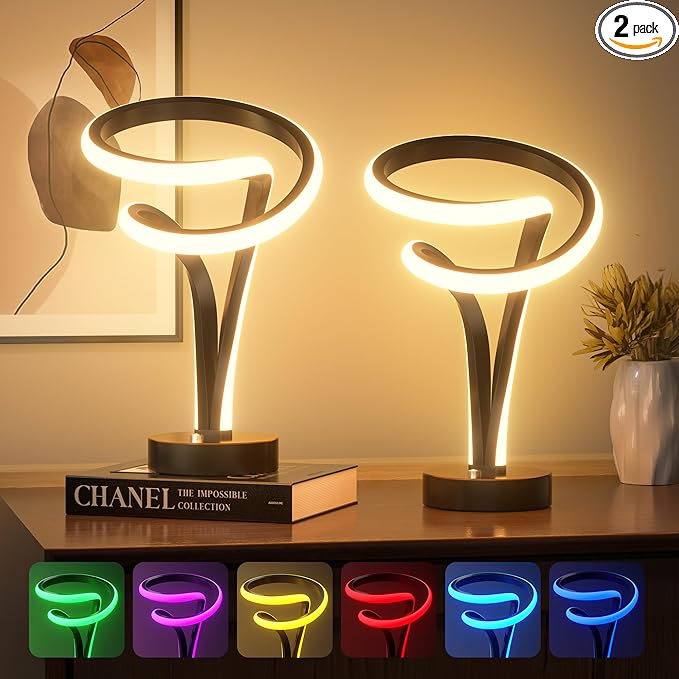 Spiral LED Table Lamp Set of 2-10 Color Modes, Touch Dimming, Modern Nightstand Lights for Bedroom & Living Room