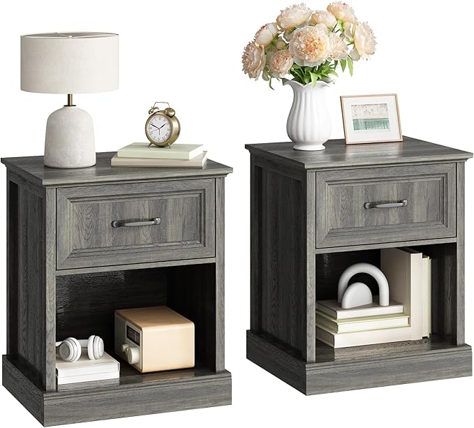 CARPETNAL 20" Farmhouse Nightstand Set of 2, End Table with Large Drawers & Open Storage, Side Table, Bedside Table for Bedroom, Living Room, Grey