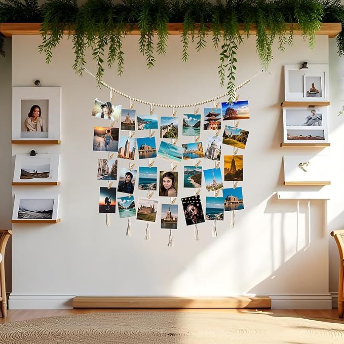 Hanging Photo Display Wall Decor, Macrame Wall Hanging Boho Room Bedroom Decor, Boho Wooden Beads Garland Collage Picture Card Frame Holder with 40 Clips for Bedroom Living Room Dorm, Tapestry