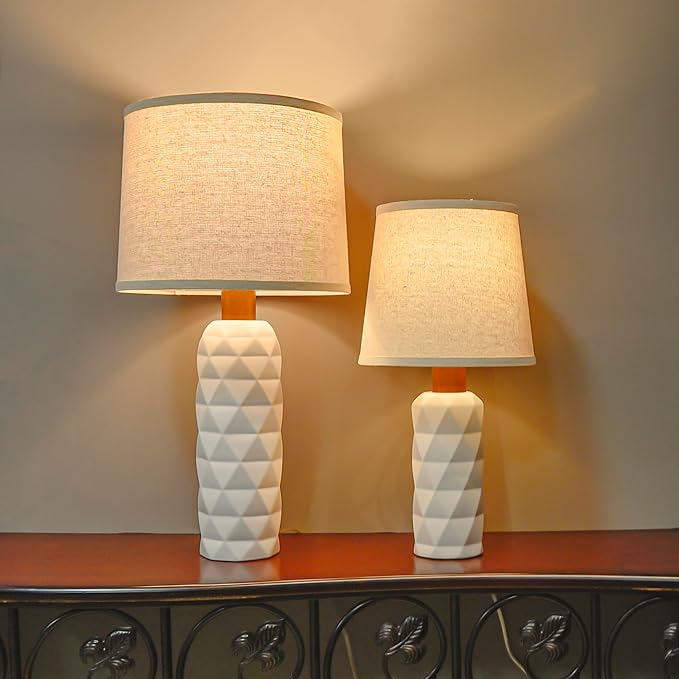 White Ceramic Table Lamp 3 Way Dimmable Bedside Pottery Lamp Set of 2 with Pallid Shade 20” Modern Nightstand Desk Lamp for Living Room Bedroom Farmhouse Dining Room(JC-11-2PK-WHS)