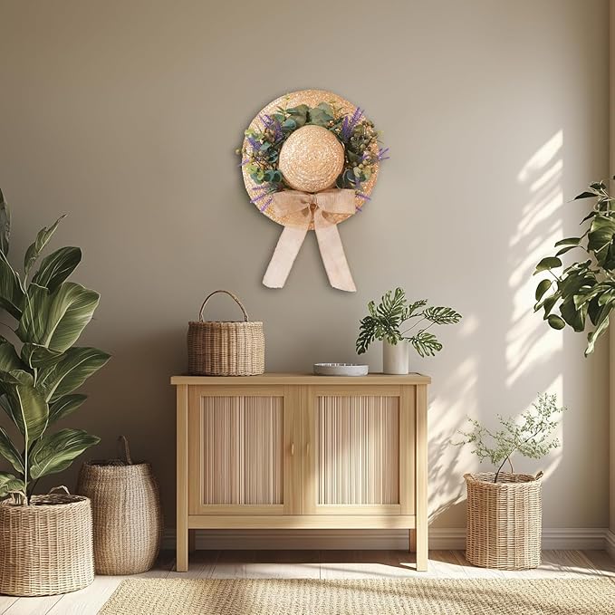 Dilicoming Spring Eucalyptus Wreaths for Front Door - 16 Inch Summer Fall Straw Hat Wreath with Bow, Women Gift, Indoor Outdoor Wreaths for Wall, Window, Farmhouse, Party, Holiday Home Décor