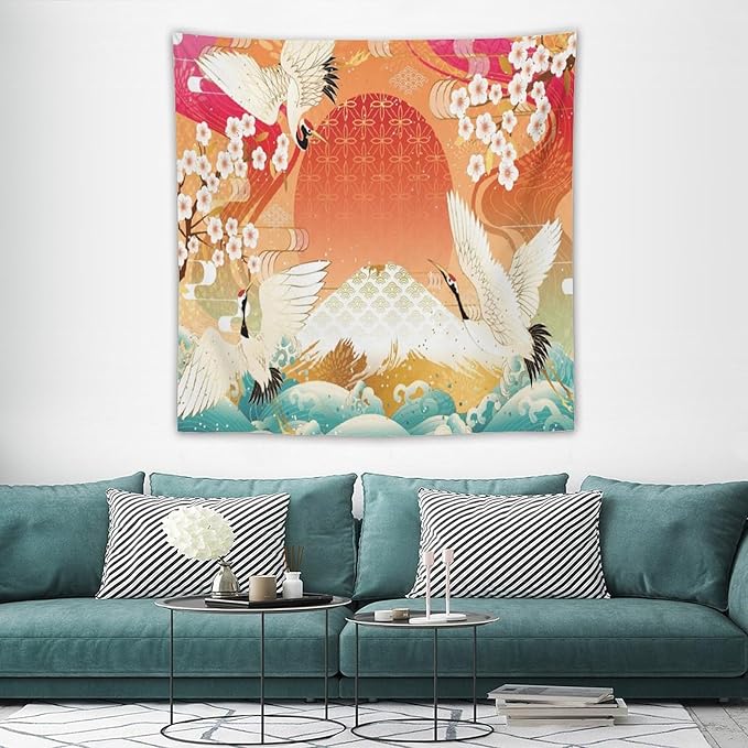 HZOHNAGO Japanese Tapestry Cherry Blossom Crane Sea Wave Fuji Mountain Red Sun Pattern Printed Wall Tapestry Painting Wall Hanging for Bedroom Living Room Dorm 60" W x 60" H
