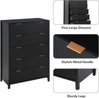 5 Drawer Dressers for Bedroom, Modern Closet Chest of Drawers with Waveform Fluted Panel, Large Wood Storage Dresser Organizer for Nursery Bedroom Living Room Hallway Closet, Black