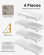 BAYKA Wall Shelves for Bedroom Decor, Floating Wall Shelves for Living Room Kitchen Storage, Wall Mounted Rustic Wood Shelves for Kids Books, Corner Shelf for Bathroom(White and Gold，Set of 4)